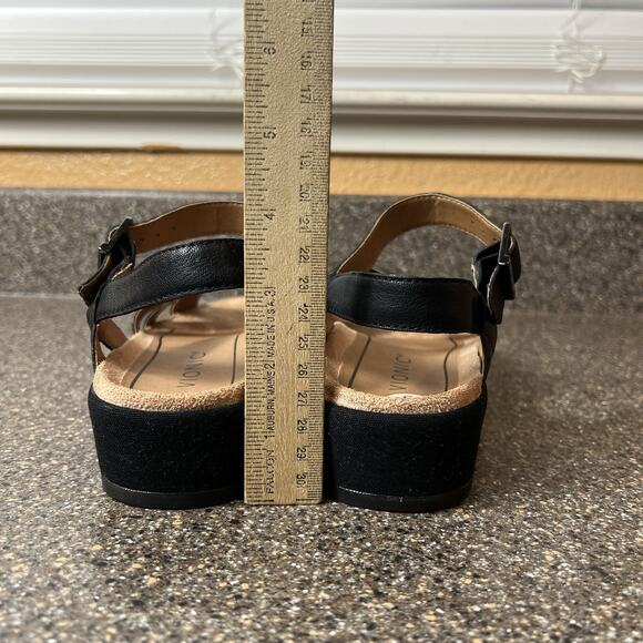 Vionic Women 6.5 Wide Black Leather Sandal Ankle Strap Open Toe Sling Back Wedge - Picture 9 of 11